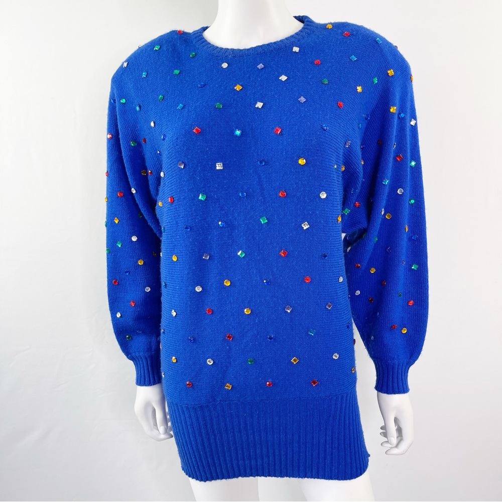 Vintage Sweater Women' Size M Della-Knit Royal Blue Wool Rhinestone Embellished